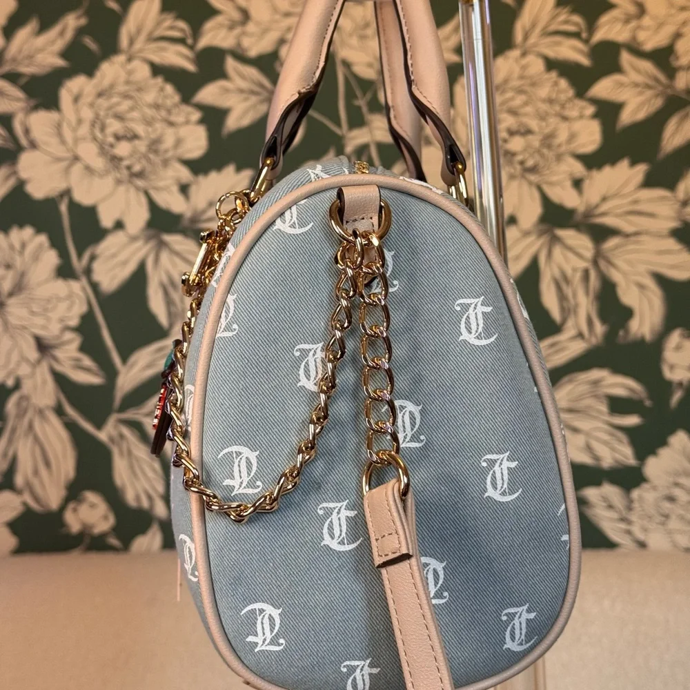Juicy Couture Gray and Cream Satchel with Strawberry Charm and Gold Chain NWT